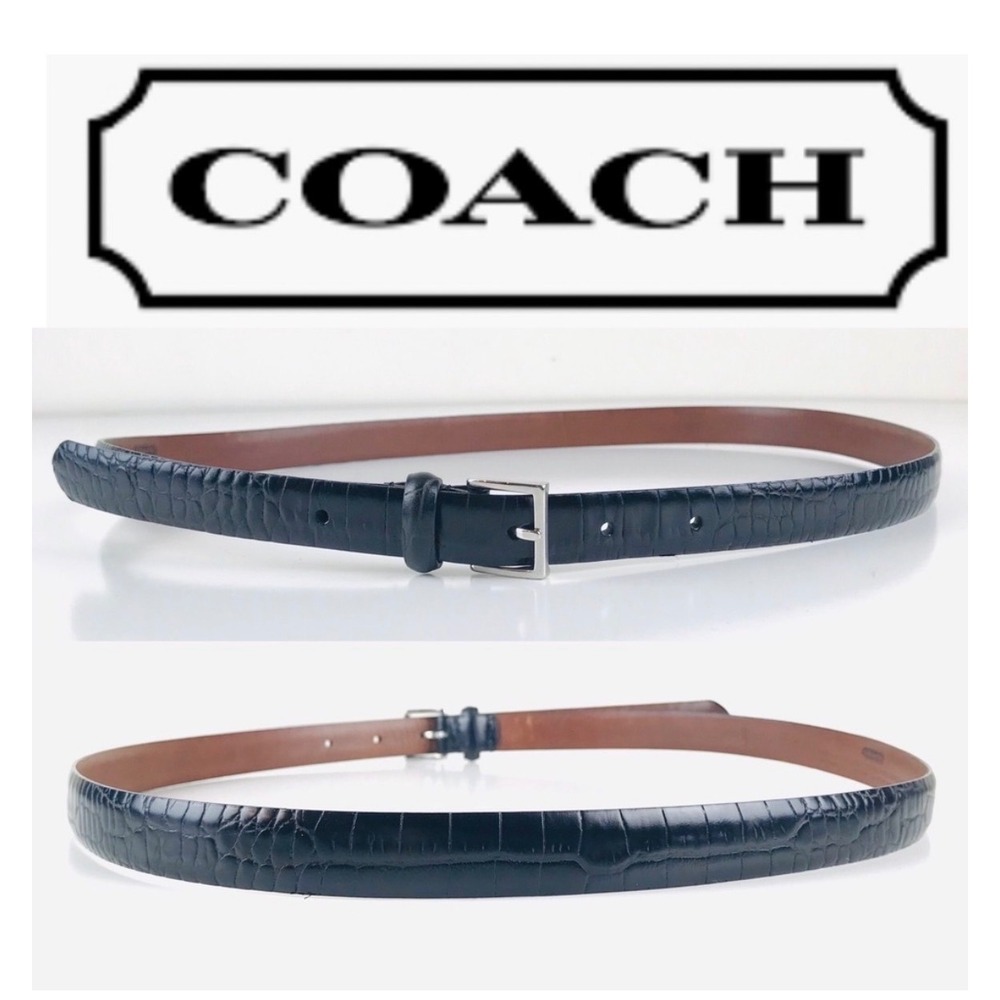 Coach Black Crocodile Embossed Leather Belt 3764 Silver Buckle 32 80cm